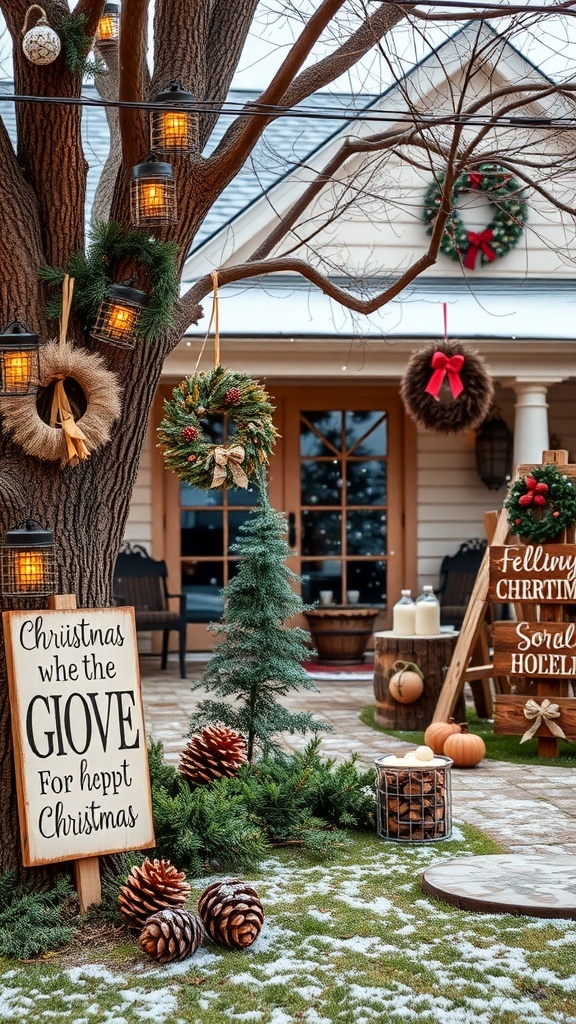 Rustic Christmas yard decorations with wooden signs, burlap wreaths, and pinecones illuminated by string lights.